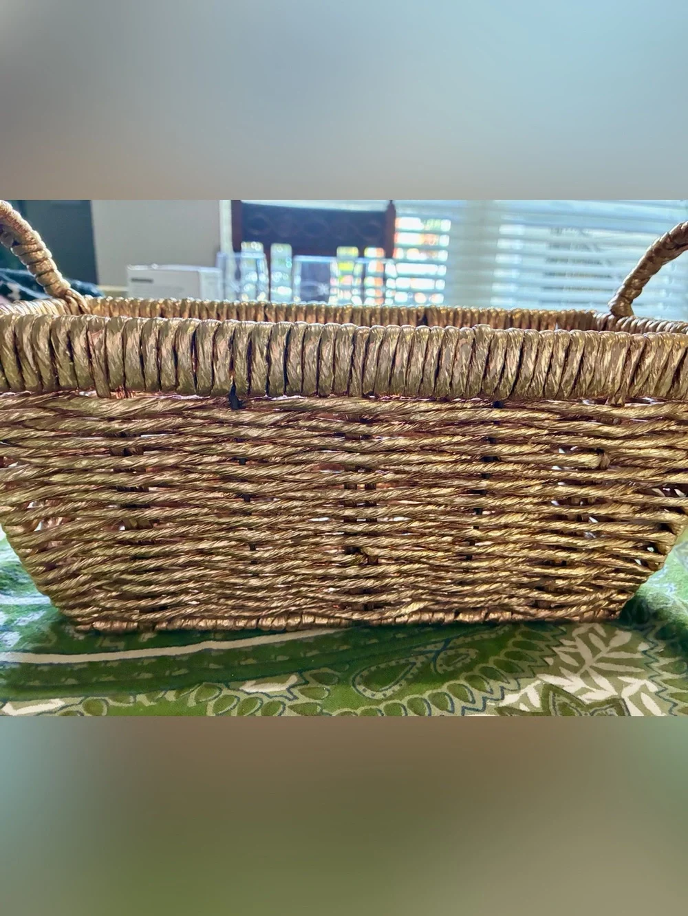 Metallic Gold Woven Abaca Rope Basket, Late 20th Century Rectangle with Handles.